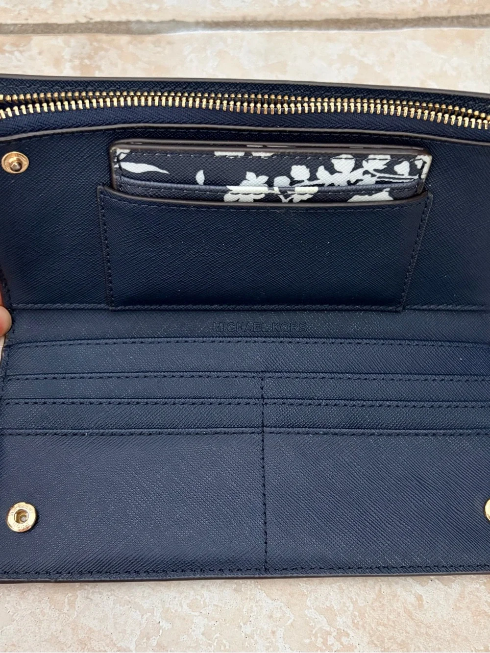 Michael Kors Navy and White Floral Tote with Matching Zip Wallet
